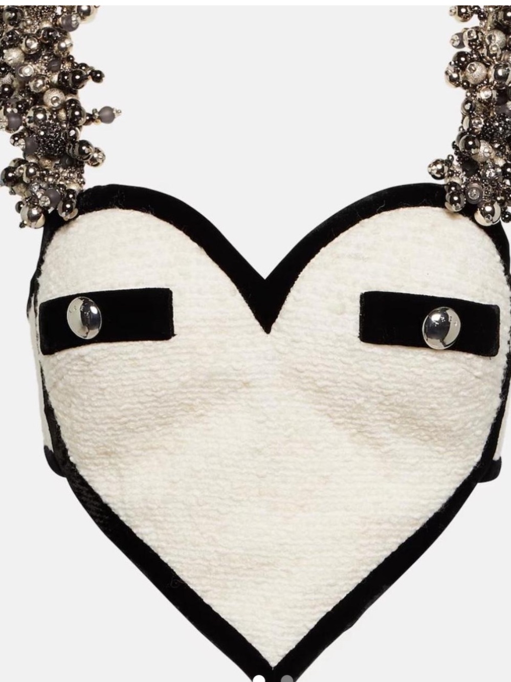 AREA Heart-Shaped Bouclé Crop Top in White & Black with Jeweled Straps